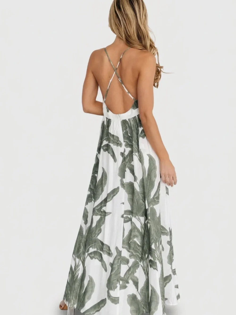 Miramar Maxi Dress Green Print L Tropical Vacation Leaves Floral PLEASE READ - Picture 2 of 16